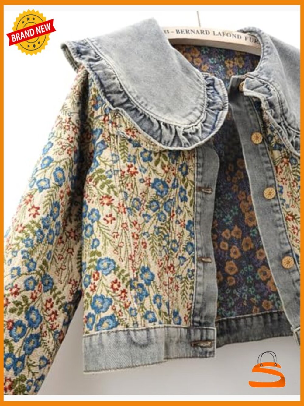Peter Pan Collar Jacquard Denim Jacket Long Sleeve Button Up - Picture 3 of 6
